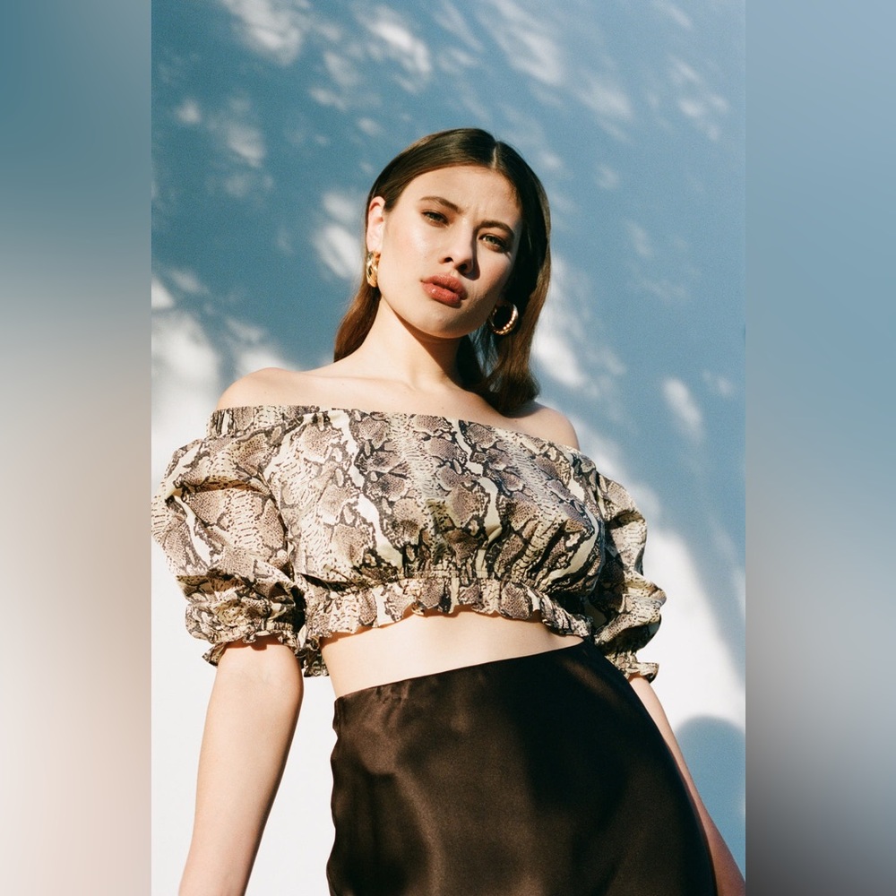 LPA REVOLVE Rara Snakeskin Ruffle Cropped Top